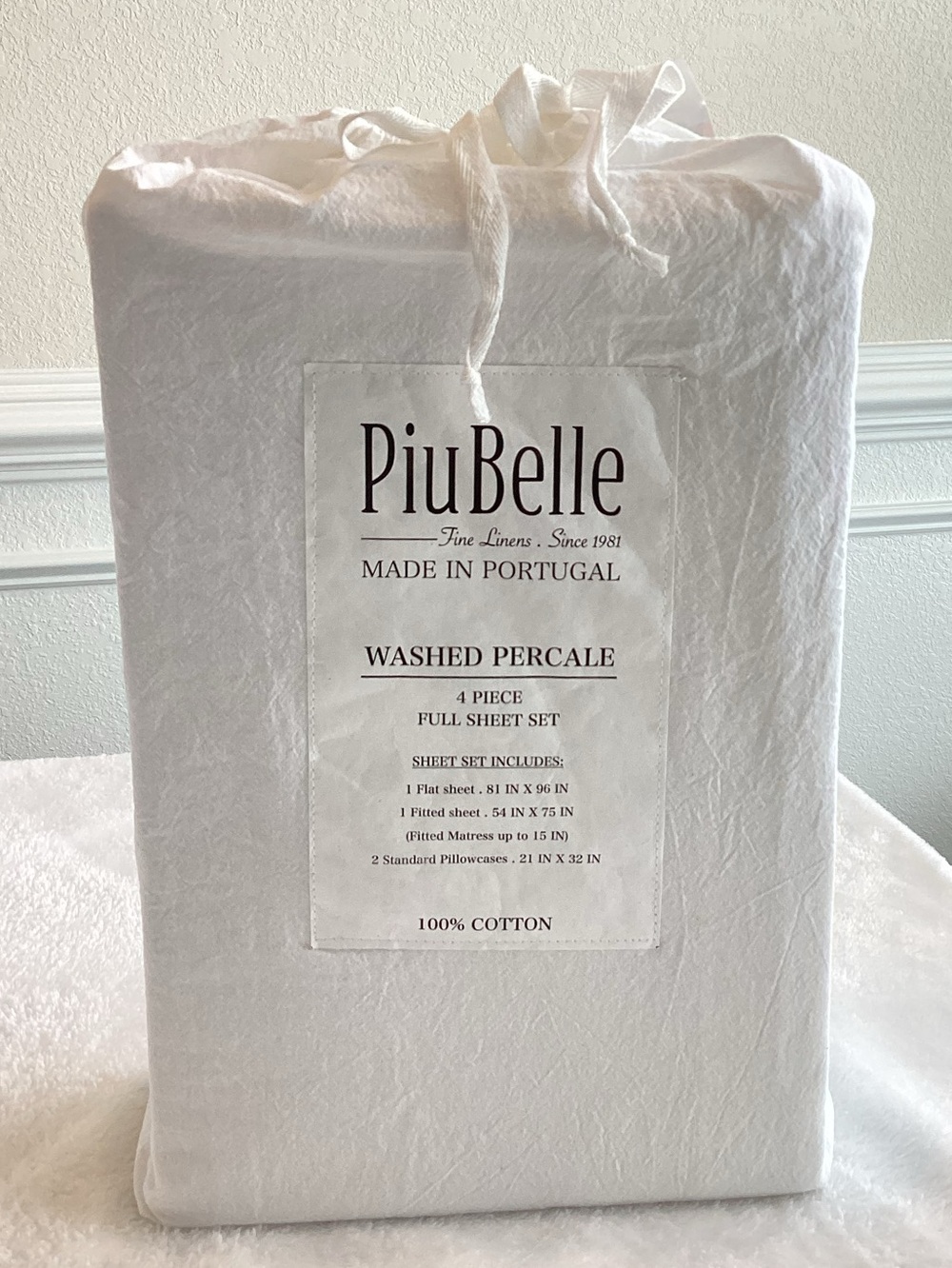 PiuBelle Portuguese Sheets FULL Cotton Washed Percale NEW White Made in Portugal